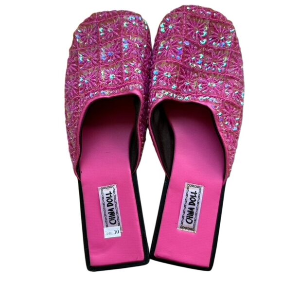 NEW China Doll mules/slip-on shoes in a vibrant pink color, sequins, size 10 - Picture 2 of 9